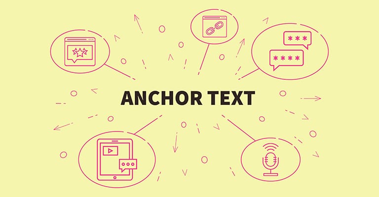 OffPageSEO_3 • Andrew Roche SEO The word "ANCHOR TEXT" is boldly centered on a light yellow background, surrounded by icons representing different content types like web pages, links, comments, videos, and audio. Pink arrows and lines radiate outward, symbolizing the diverse ways anchor text connects content across the web.