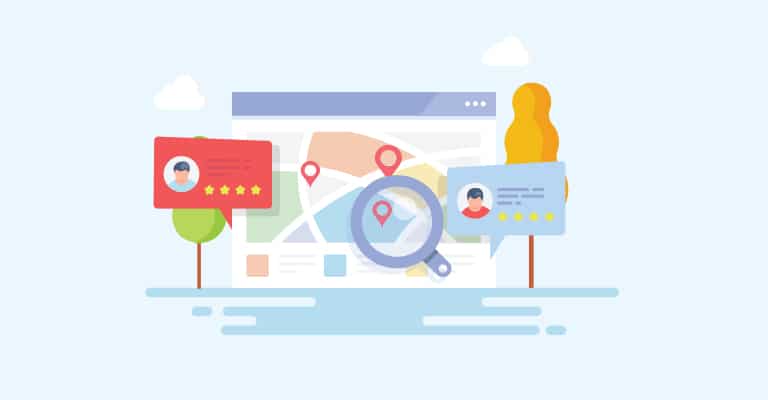 OffPageSEO_7 • Andrew Roche SEO An illustrated map interface with location pins is displayed on a screen, surrounded by a magnifying glass and customer review bubbles with star ratings. Trees and clouds complete the friendly design, emphasizing local search and user feedback in a digital map or review platform.