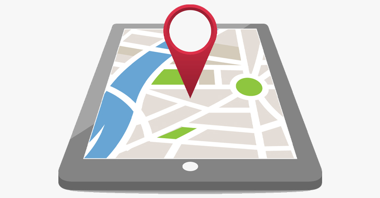 KeywordMistakes_3 • Andrew Roche SEO Illustration of a digital map on a tablet screen with a large red location pin highlighting a spot.
