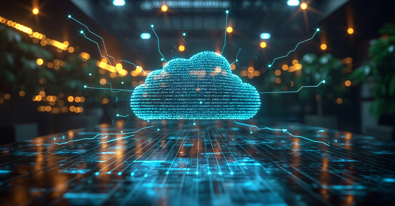 URLStructure_2 • Andrew Roche SEO A glowing digital cloud made of binary code hovers above a circuit board table, symbolizing data storage and connectivity in cloud computing.