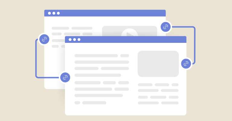 URLStructure_3 • Andrew Roche SEO Two simplified browser windows are connected by link icons, visually representing internal linking or backlink relationships between pages.