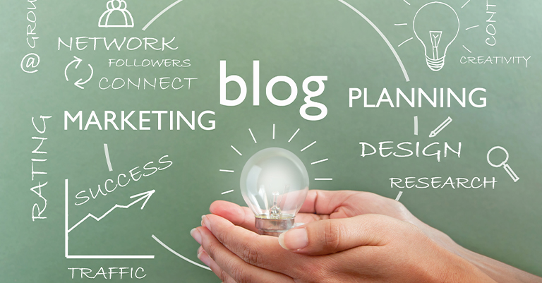 GuestBlog_5 • Andrew Roche SEO Hands holding a glowing light bulb surrounded by blogging concepts like “marketing,” “planning,” and “success” on a green background.