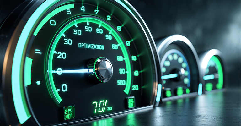 KeywordPlace_2 • Andrew Roche SEO A close-up of glowing speedometer gauges displaying the word "OPTIMIZATION" and green-lit numbers in a high-tech style.