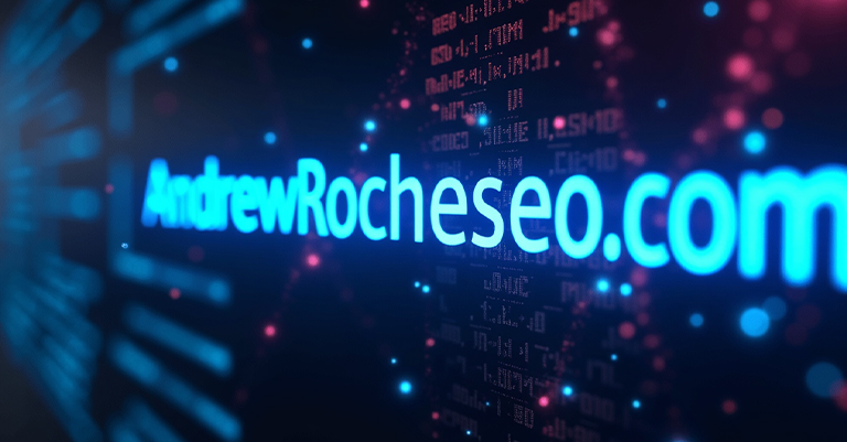 KeywordPlace_3 • Andrew Roche SEO The URL AndrewRocheseo.com displayed in glowing blue text against a dark background filled with binary code and data strings.