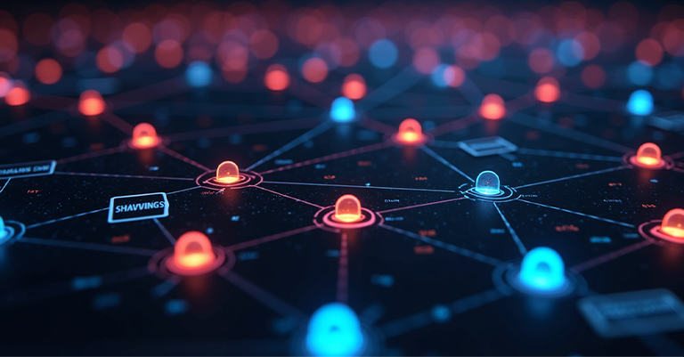 KeywordPlace_4 • Andrew Roche SEO A futuristic network visualization showing glowing red and blue nodes connected by lines on a dark background.